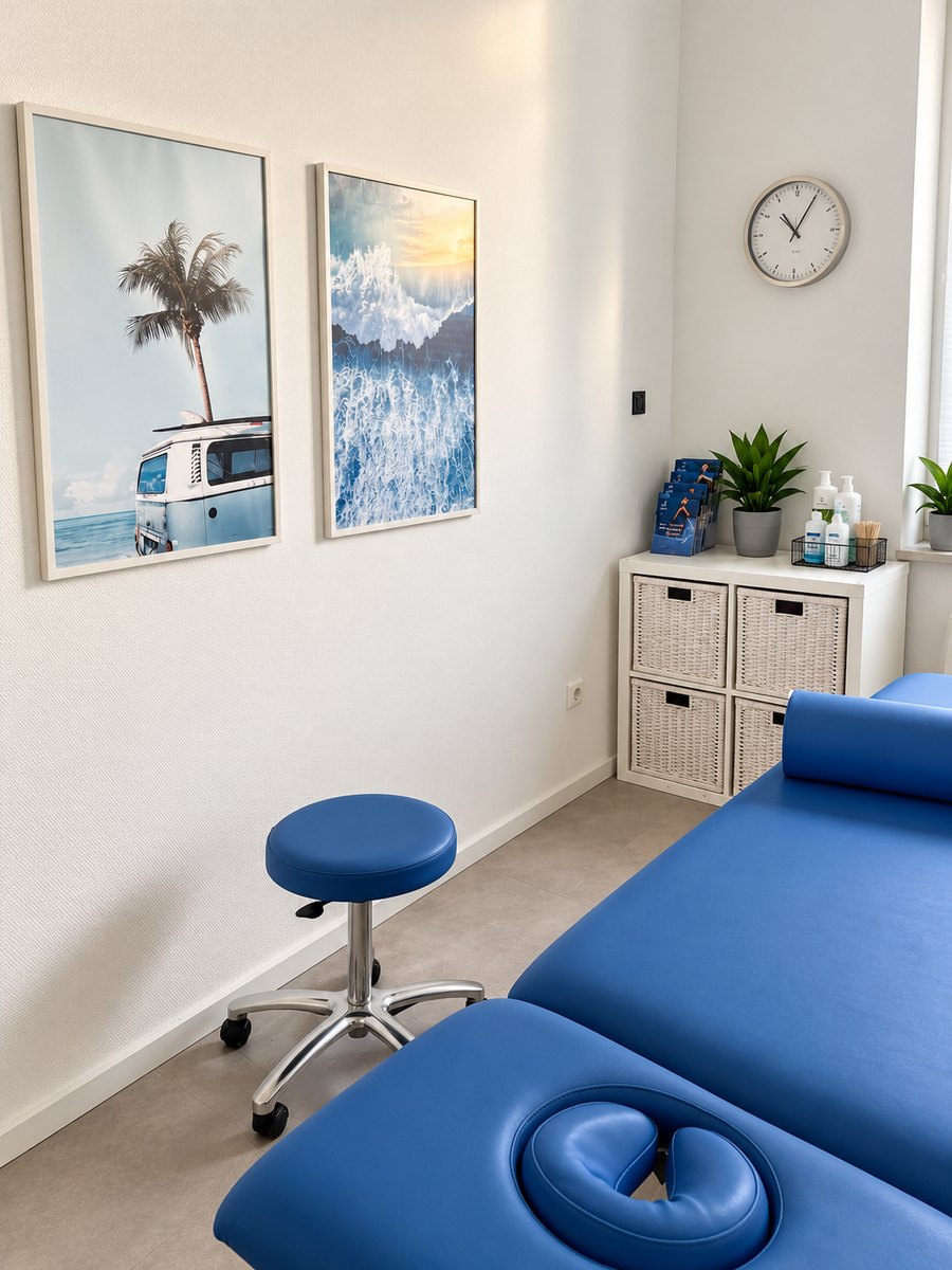 Behandlungsraum der Praxis Physioathletik mit Behandlungsliege und Rollhocker