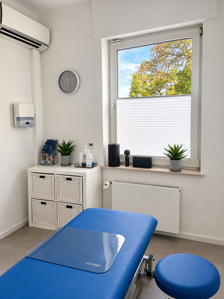 Behandlungsraum mit Fenster, Klimaanlage und Behandlungsliege