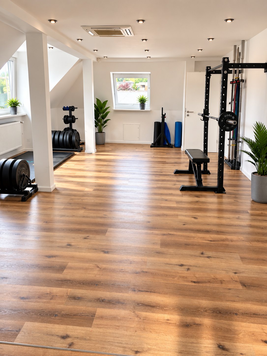 Trainingsraum der Praxis mit Rack, Hantelbank und freien Gewichten
